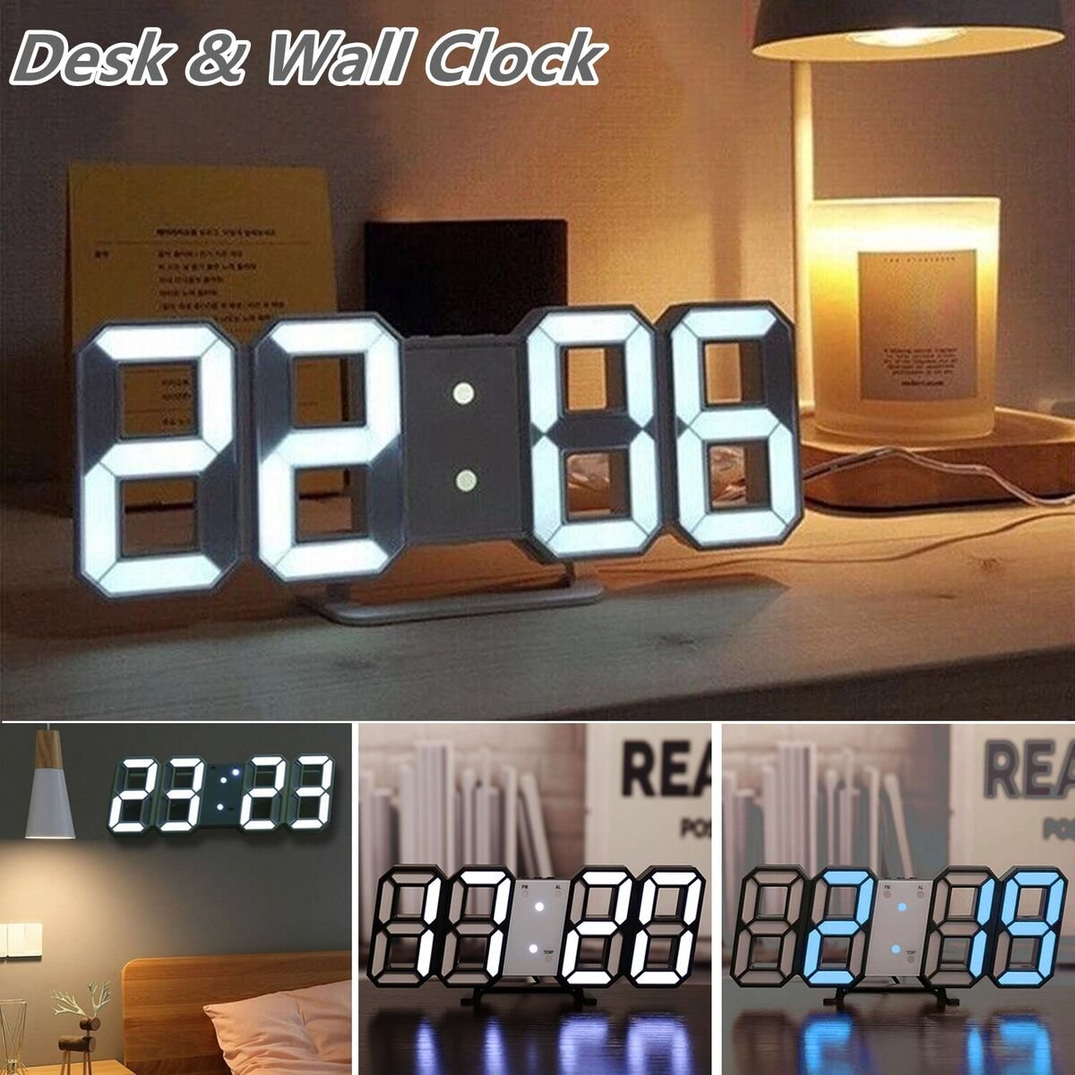 Digital LED 3D Display Clock Alarm Desk Wall Brightness Snooze USB Home Decor