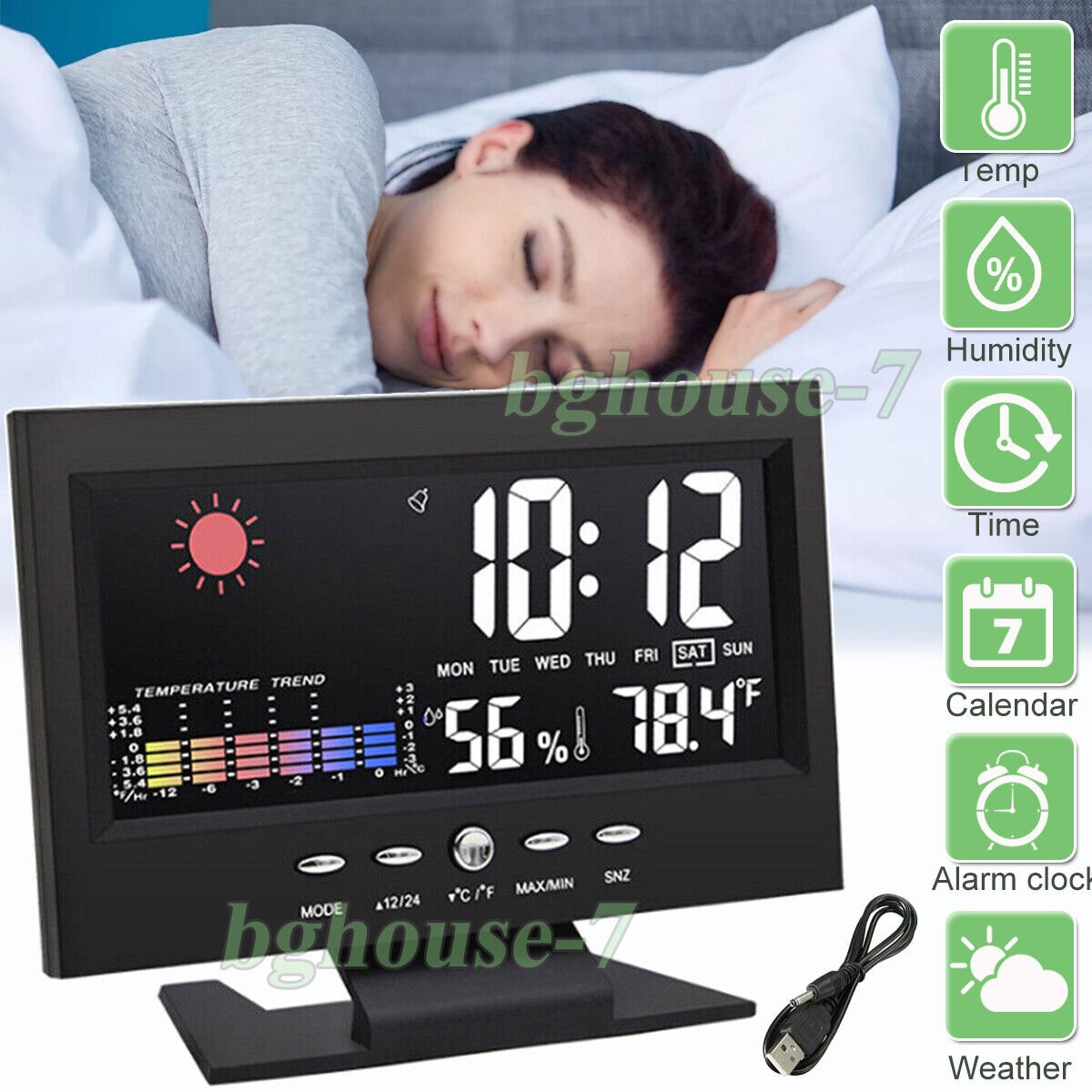 Digital LED Desk Alarm Clock Date Time Week Temp Humidity Weather Display Snooze