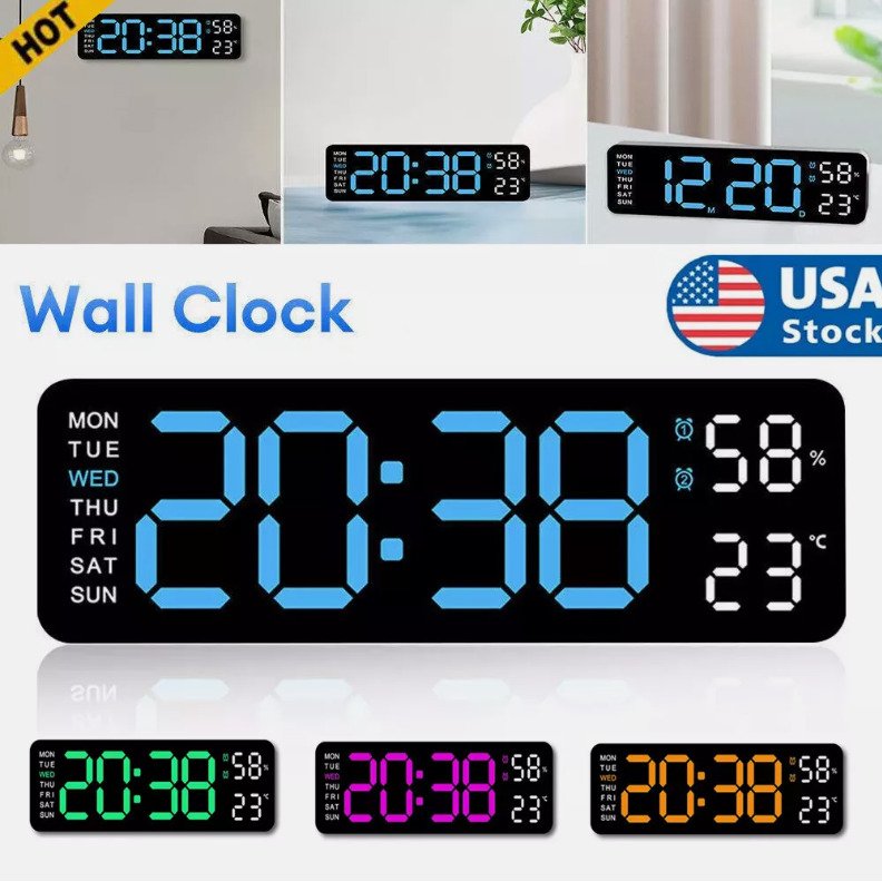 Digital LED Desk Alarm Clock Large LED Display Wall Clock Temperature Humidity