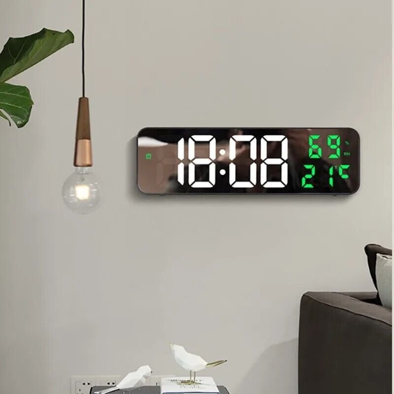 Digital Led Mirror Wall Clock Alarm Temperature Humidity 9" Large Display Night