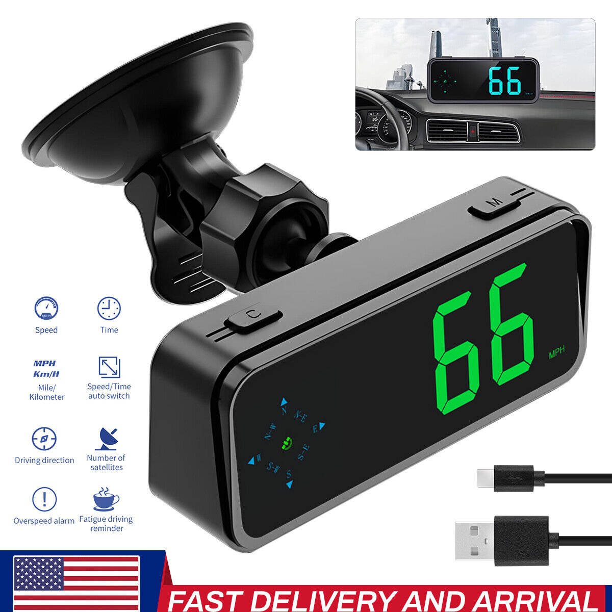 Digital Speedometer Universal GPS Car HUD Head-Up Display MPH Overspeed Alarm US