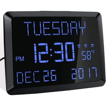Digital Wall Clock, 11.5 Extra Large Display Calendar Alarm Day Clock with Date and of Week, Temperature,2 USB Chargers,3 Alarms, 5 Dimmer& 12/24Hr LED Desk for Office, Living Room, Bedroom, Elderly