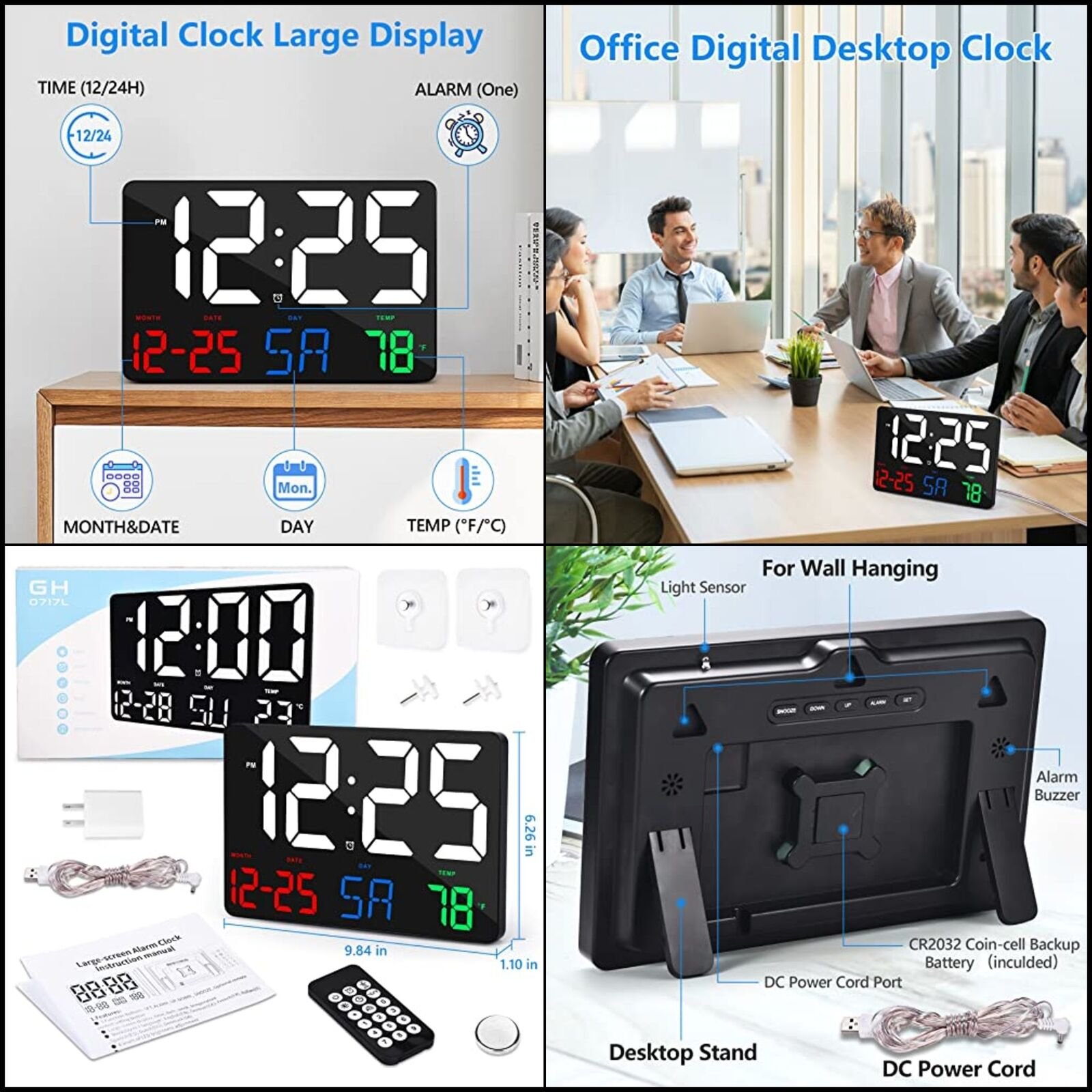 Digital Wall Clock,11.5" LED Alarm Clock, Calendar, Temperature, Snooze,12/24 H