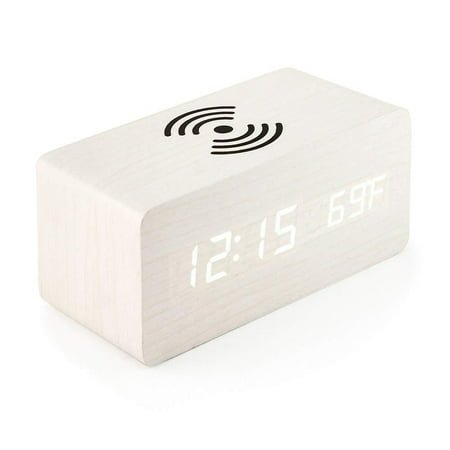 Digital Wooden Alarm Clock with Wireless Charging,Weekday/Weekend Mode, Snooze, Wood LED Clocks for Bedroom, Bedside, Desk, Kids,White wood,G36372