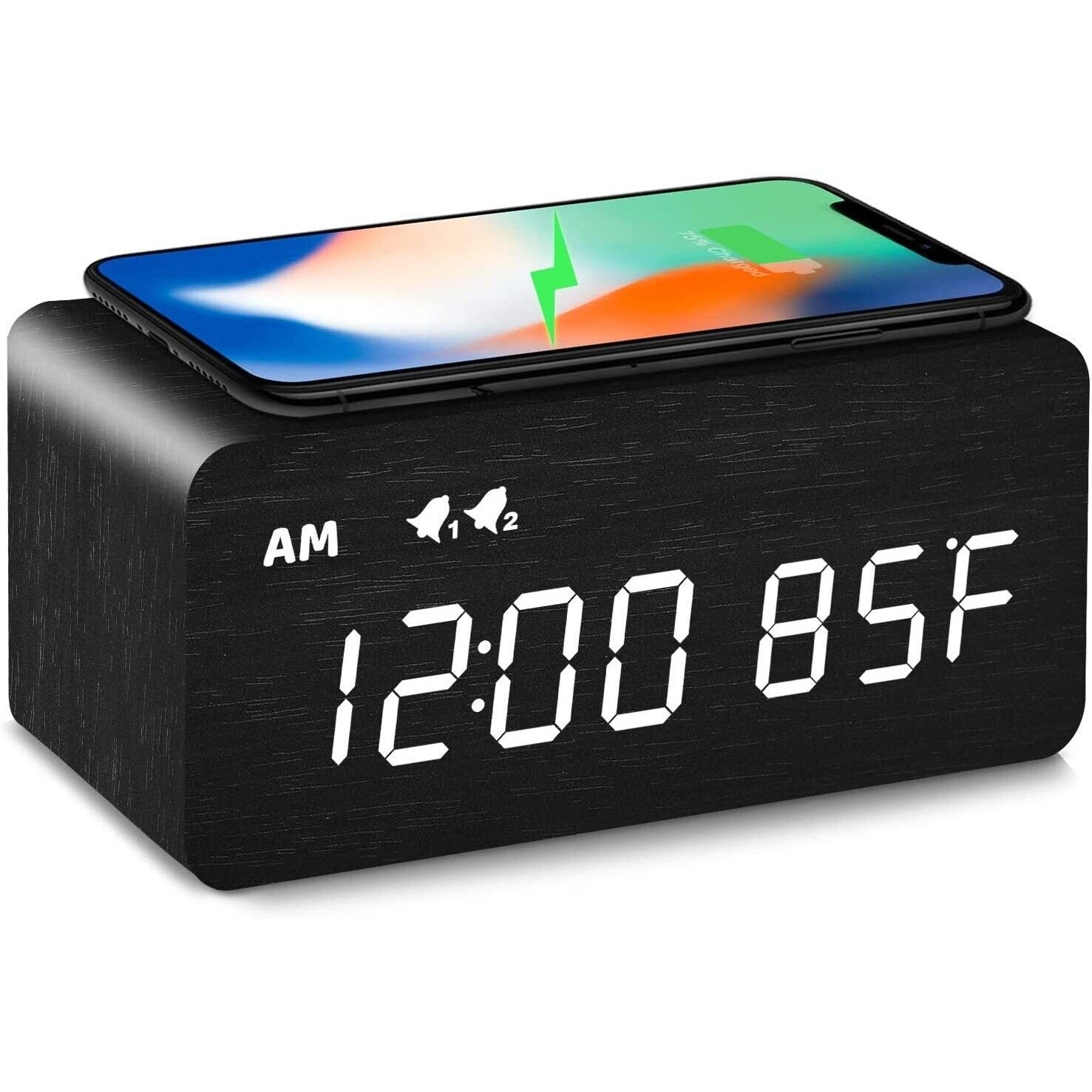 Digital Wooden Dual Alarm Clock Desk Bedroom Wireless Charging LED Display Black