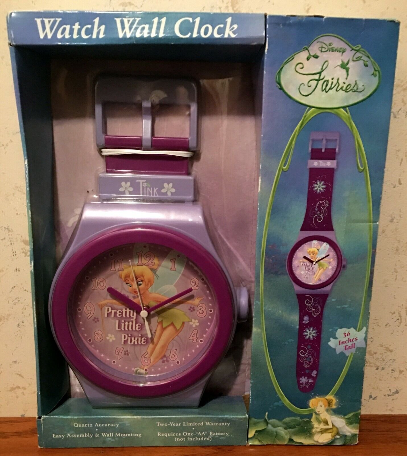Disney Fairies Tinkerbell Watch Wall Clock 36" Tall Quartz Purple NEW FREE SHIP