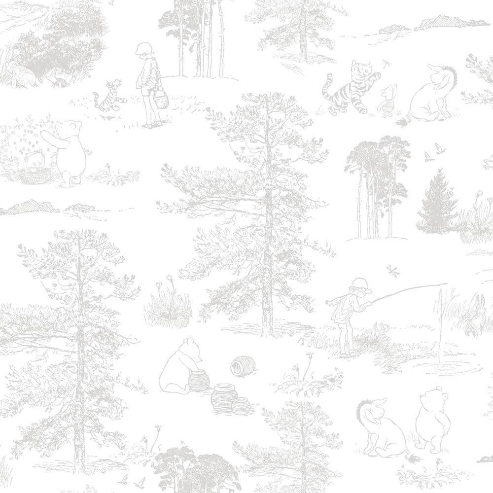 Disney Winnie The Pooh Grey Toile Peel and Stick Wallpaper