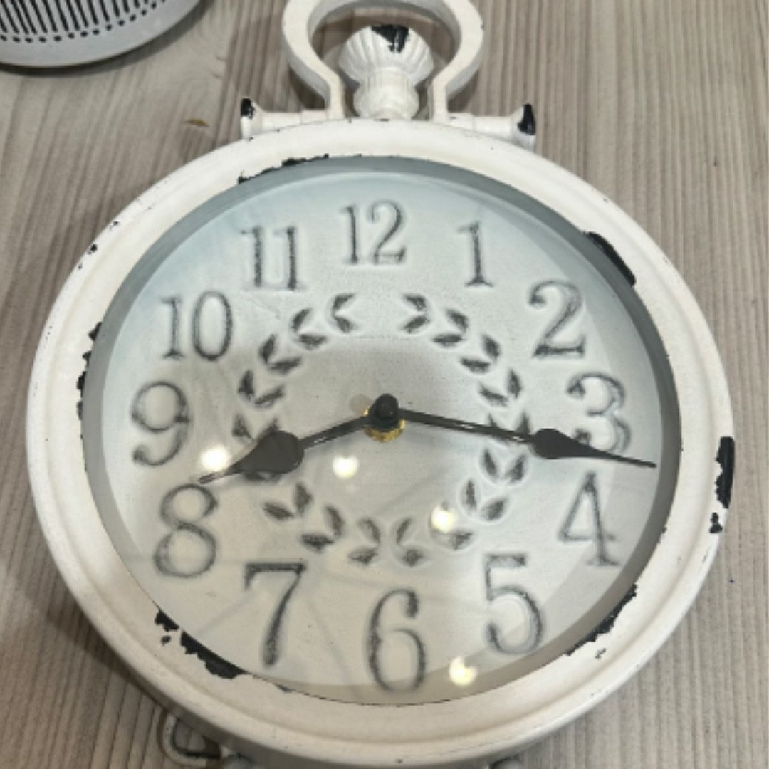 Distressed White Metal Vintage Table Clock Countertop Home Decor