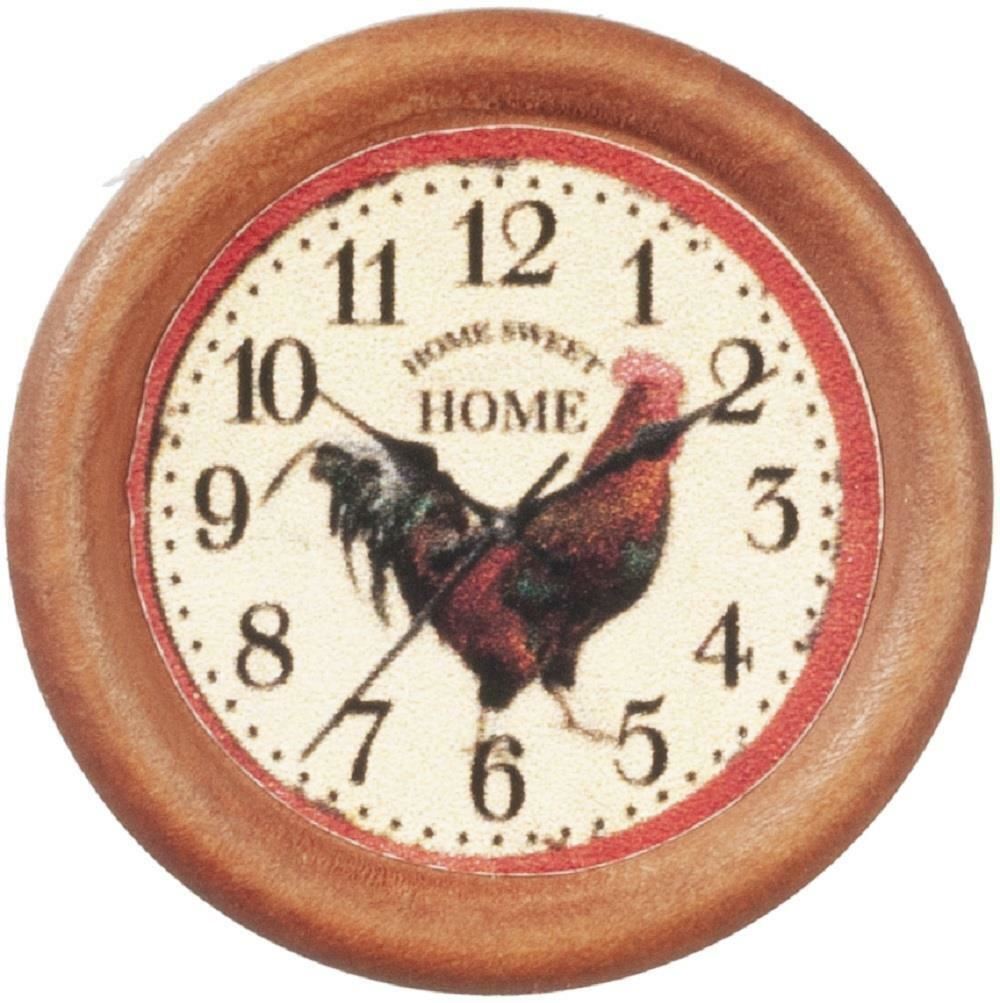 Dollhouse Rooster Round Wall Clock Wooden Black Numerals Miniature Accessory