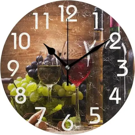 Dreamtimes 3 D Glasses of Wine Grapes on Wooden Round Wall Clock, 10 Inch Battery Operated Quartz Analog Dreamtimes 3 D Glasses of Wine Grapes on Wooden Round Wall Clock, 10 Inch Battery Operated Quartz
