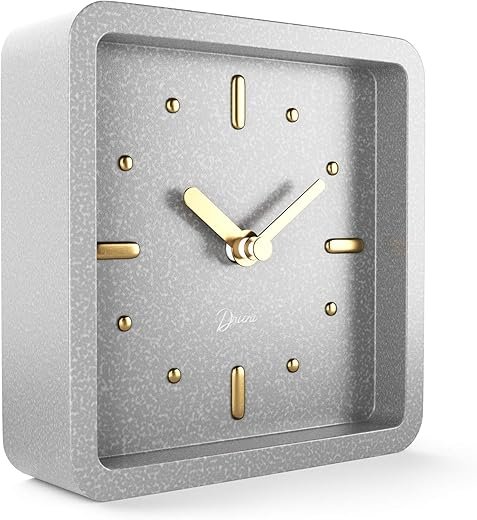 Driini Modern Mid Century Desk & Shelf Clock (Gray and Gold) - Battery Operated with Silent, Analog Movement – Small Tabletop Clocks for Office – Perfect for Mantle, End Table, Desktop or Nightstand
