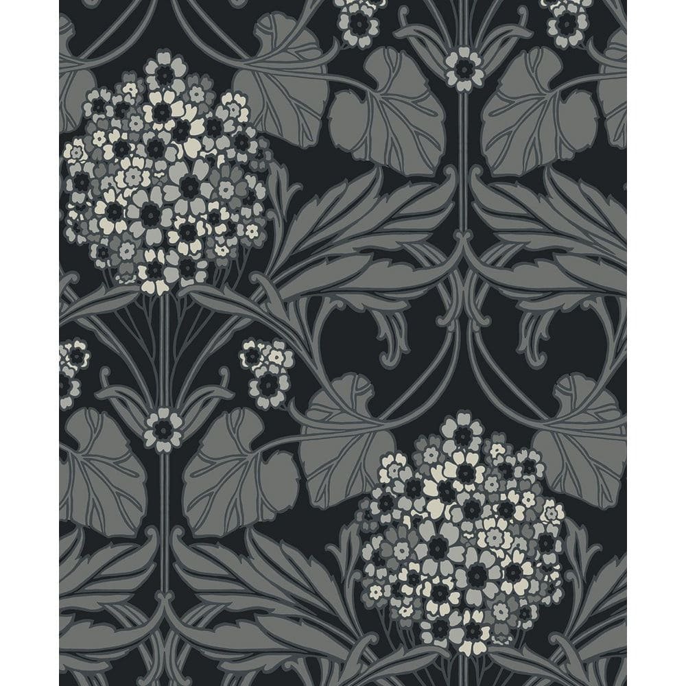 Ebony and Charcoal Floral Hydrangea Unpasted Nonwoven Paper Wallpaper Roll 57.5 sq....