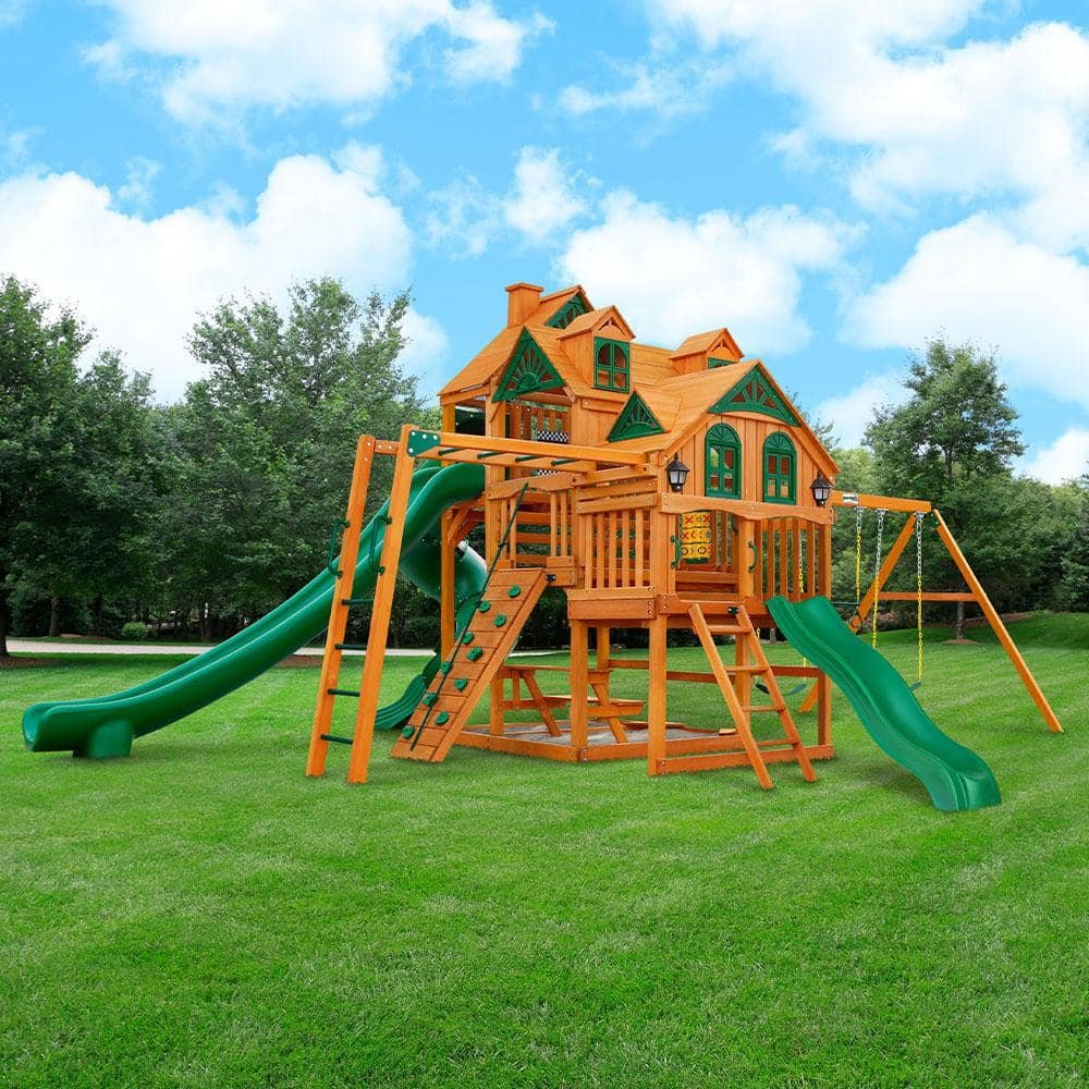Empire Wooden Outdoor Playset with Monkey Bars, 3 Slides, Rock Wall, Sandbox,...