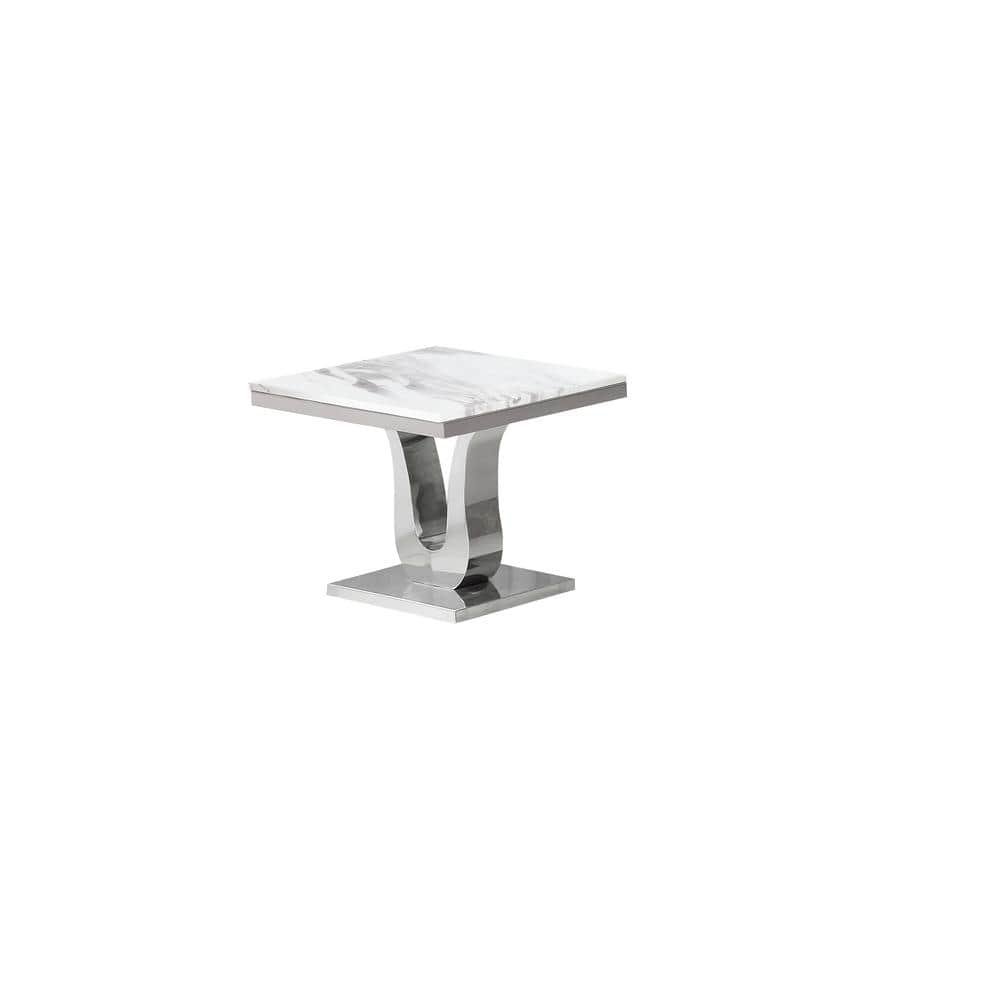 Eric 24 in. White Marble Square Top with Stainless Steel Base End...
