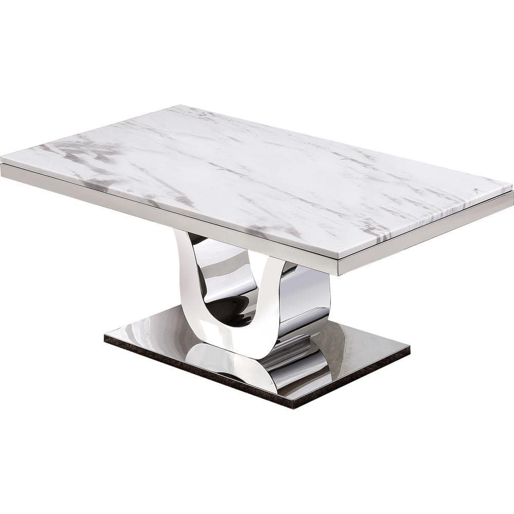 Eric 48 in. White Rectangle Marble Top Coffee Table with Stainless Steel...