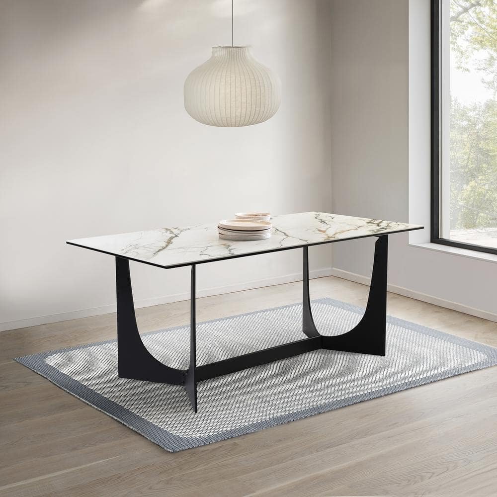 Esme Rectangular Black Glass Top 70 in. Trestle Leg Dining Table Seats...