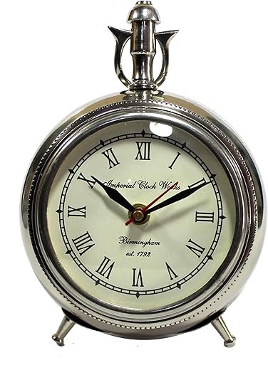 ESPLANADE European Style Vintage Clock Table Desk Shelf Clock - Metal - Chrome Finish - 7" Inches