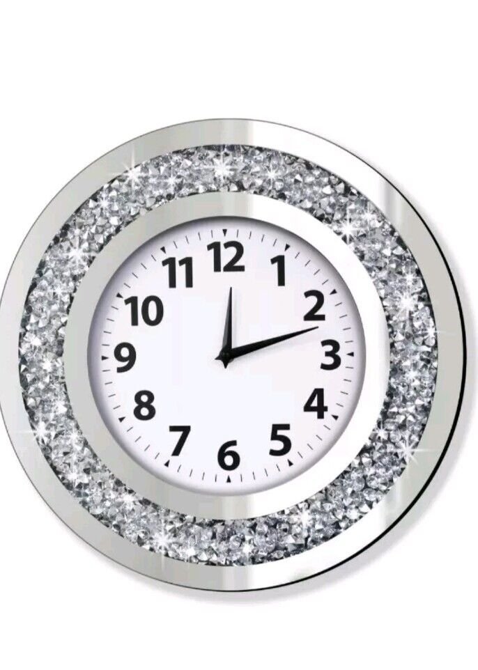 European Crystal Crushed Diamond Mirrored Round Silent Wall Clock 16x16x2" NEW!