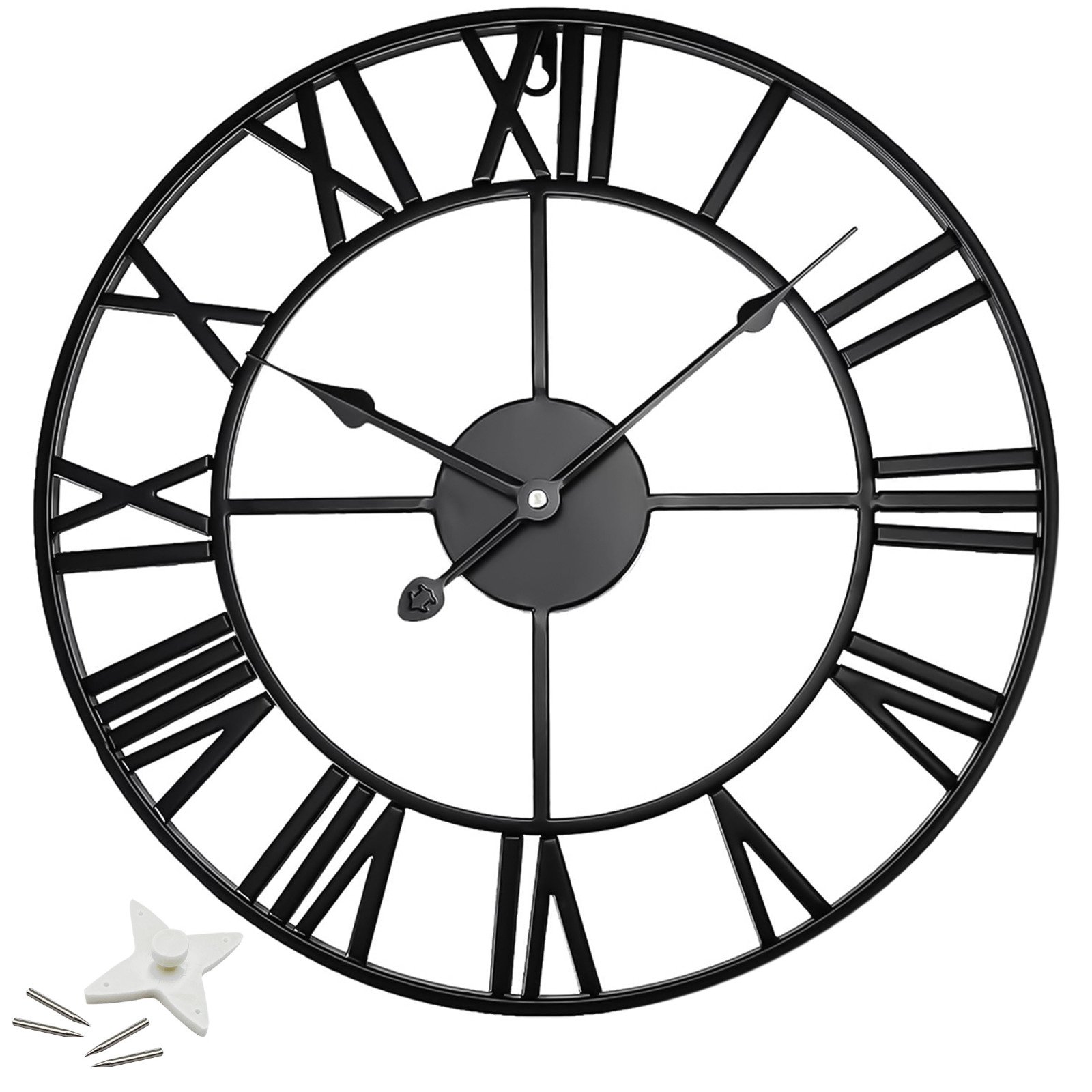 Extra Large Roman Numerals Skeleton Wall Clock Big Open Face Round Iron 60cm