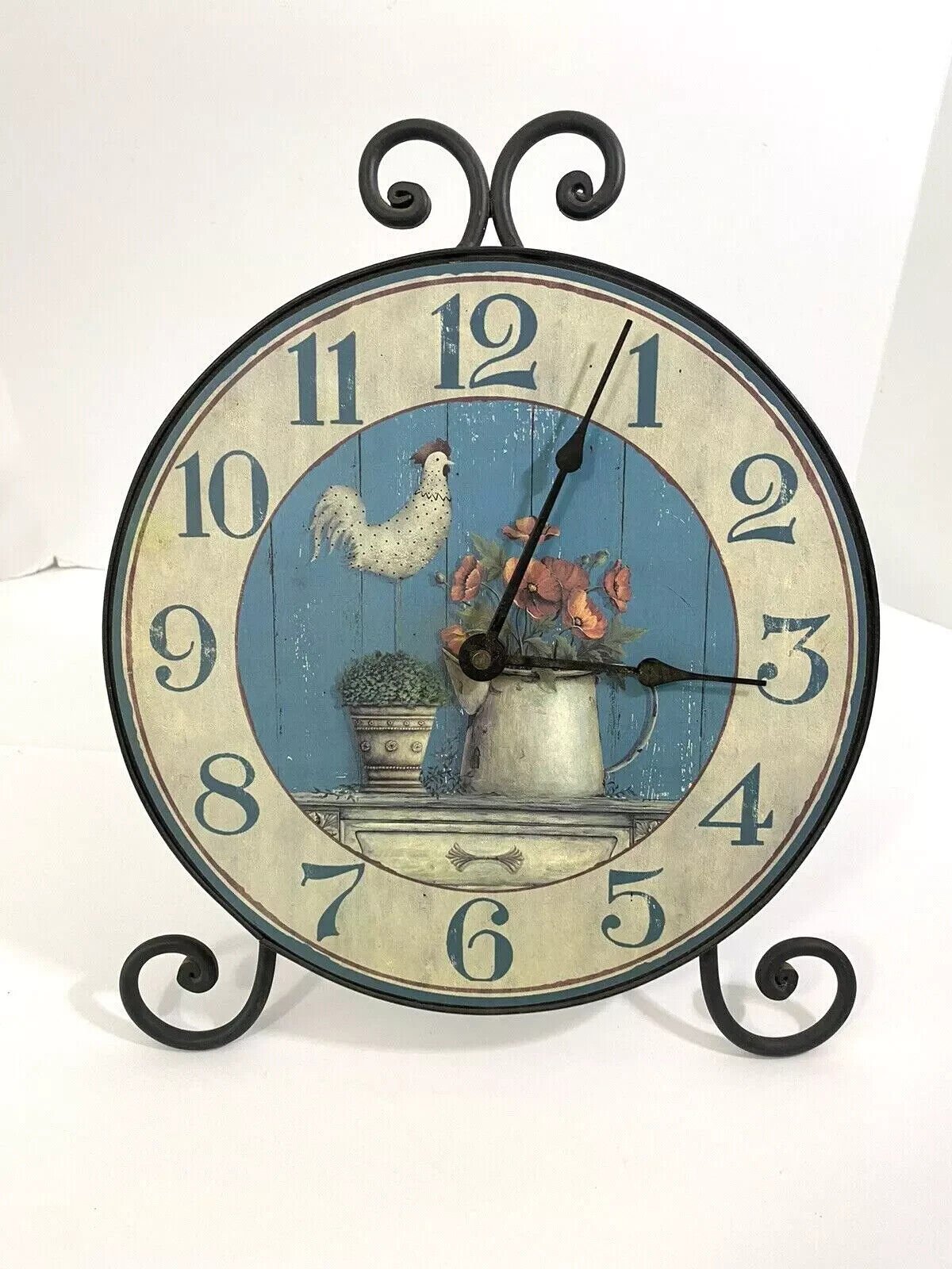 Farmhouse Clock 10" inch Wood Round With Wrought iron Stand Country Kitchen