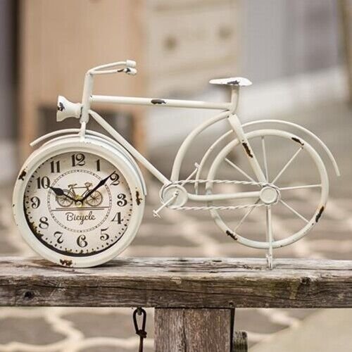 Farmhouse Distressed White Metal Bicycle Clock Desk,Table Top, Shelf or Mantle