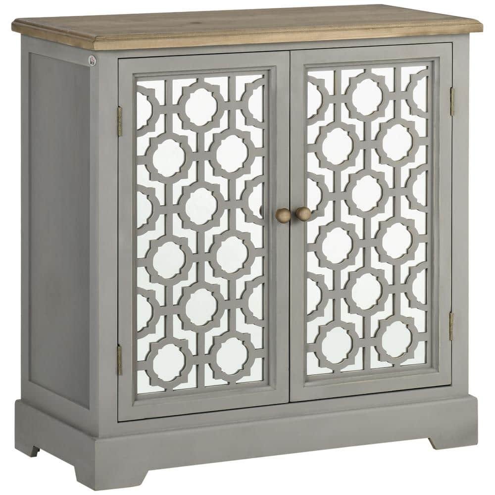 Farmhouse Grey Buffet with Double Glass Doors and Solid Wood Countertop