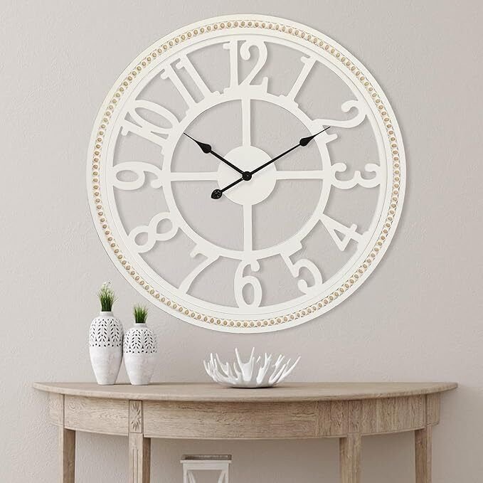 Farmhouse Wall Clock 30 Inch, Large Wall Clock with Boho Beads, Wooden Silent