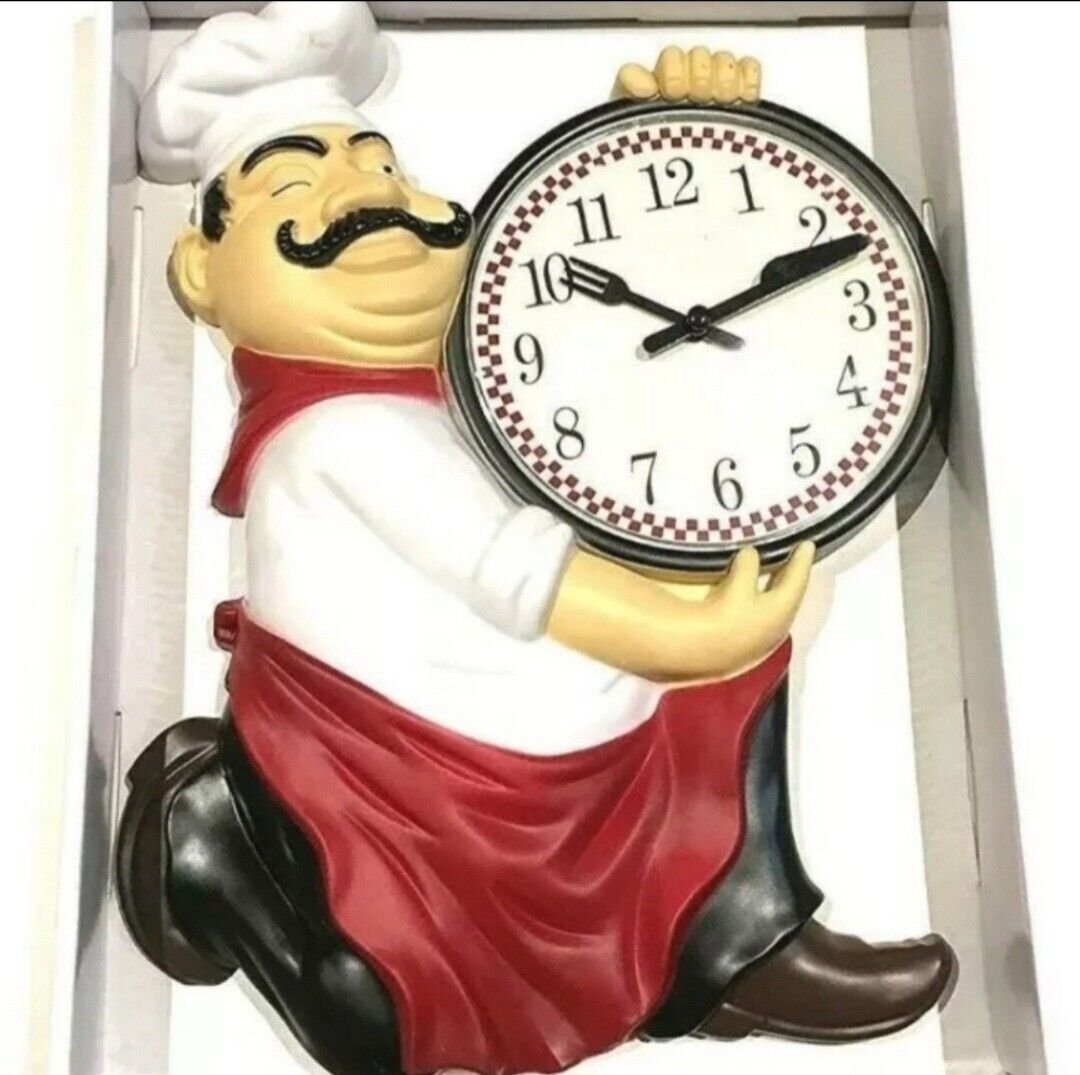 Fat Italian Chef Clock 12.5” Battery Operated Analog -- FAST SHIPPING.