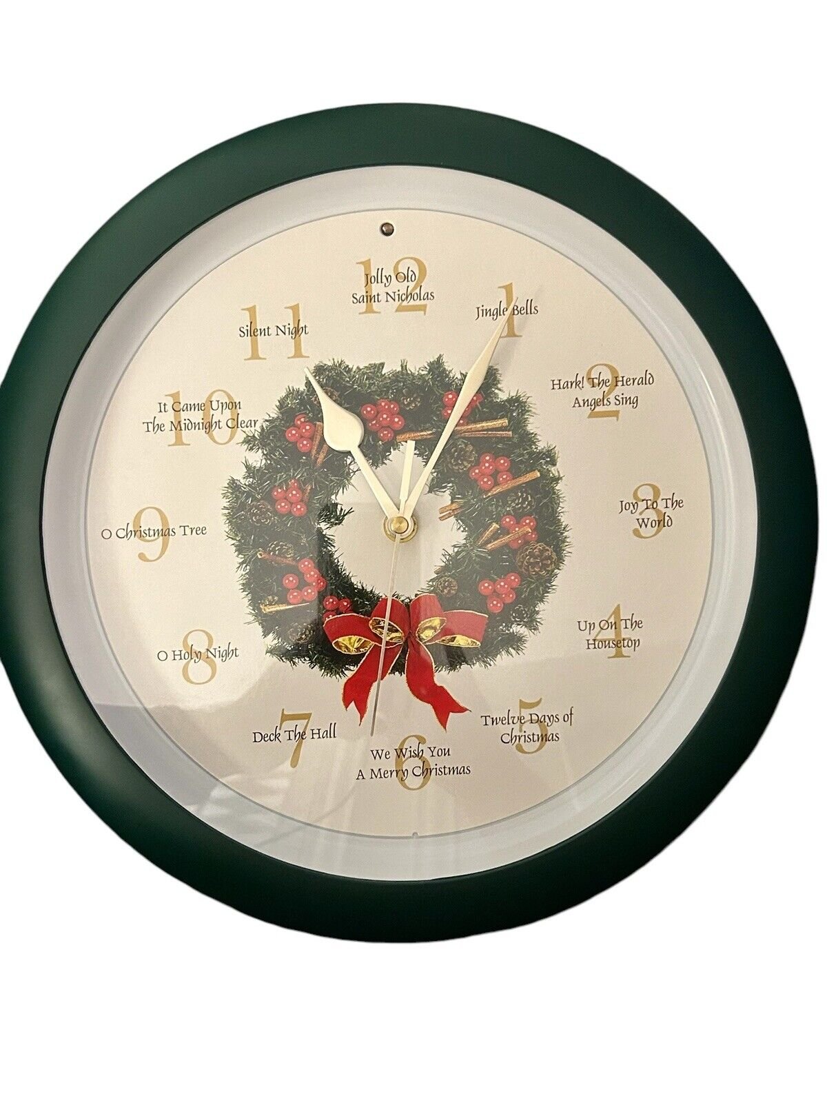 Feldstein Hourly Christmas Carol Wall Clock 12" Musical Light Sensor Wreath