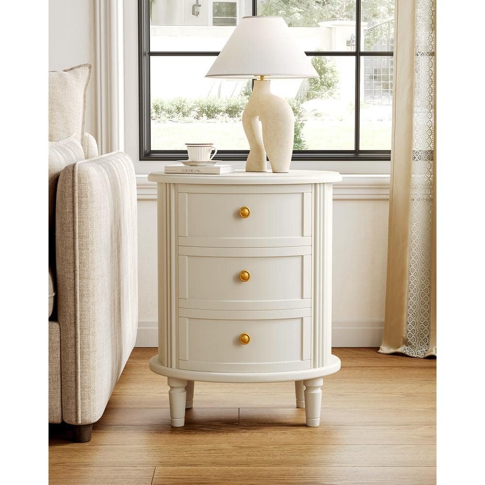 Fenley White 3-Drawer 19.69 in. W Nightstand, Oval Bed Side Table for...