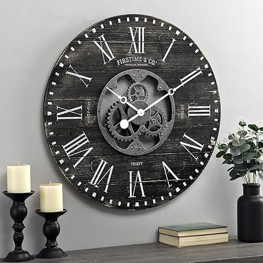 FirsTime & Co. Black Shiplap Gears Wall Clock, Large Vintage Decor for Living Room, Home Office, Round, Wood and Plastic, Farmhouse, 27 inches