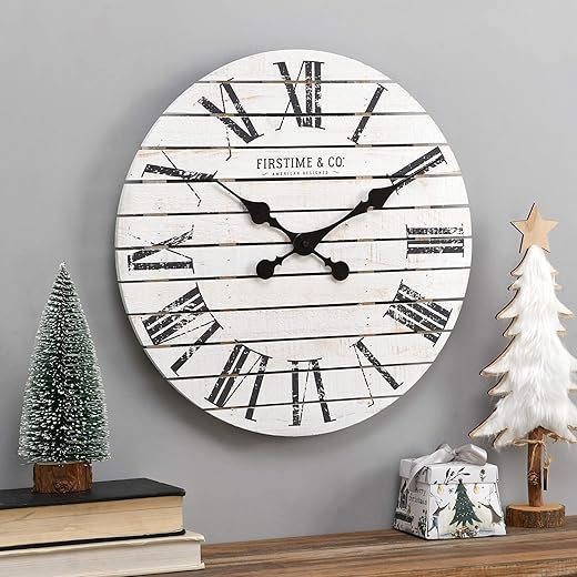 FirsTime & Co. White Farmhouse Shiplap Wall Clock, Large Vintage Decor for Living Room, Home Office, Round, Wood, Boho, 18 inches