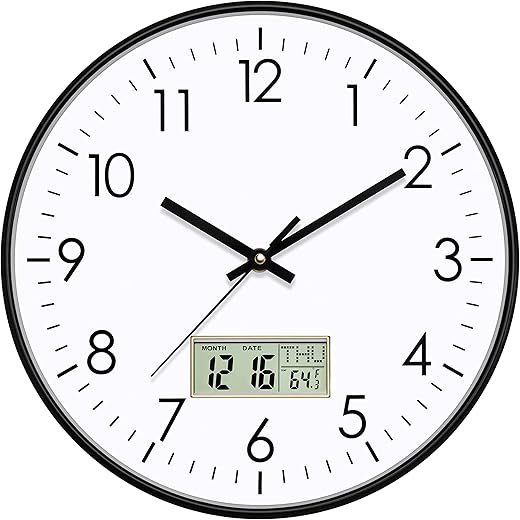 Foxtop Digital Wall Clock with Date, Month, Day of Week and Temperature, 12 inch Non-Ticking Silent Battery Operated Round Quartz Analog Clock for Classroom Office Bedroom Home School