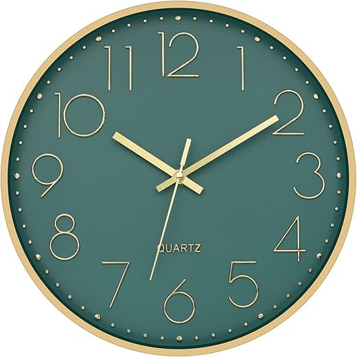 Foxtop Modern Wall Clock 12 Inch Silent Non Ticking Battery Operated Round Quartz Gold Wall Clock for Living Room Bedroom Kitchen Office Classroom Decor (Dark Green Dial)
