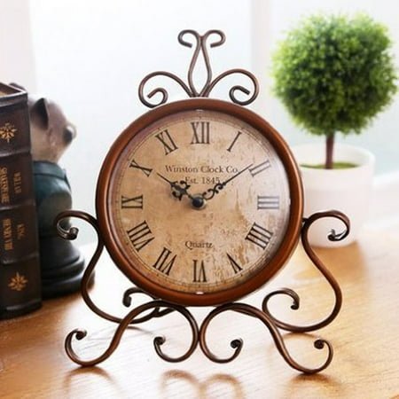 Frcolor European Style Retro Antique Vintage Wrought Iron Craft Table Clock for Home Desk Cabinet Decoration (Brown)