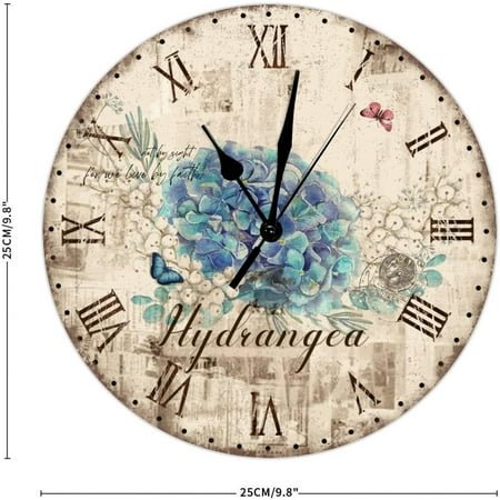 French Country Blue Hydrangea Flower Wall Clock Butterfly Garden Wall Clock