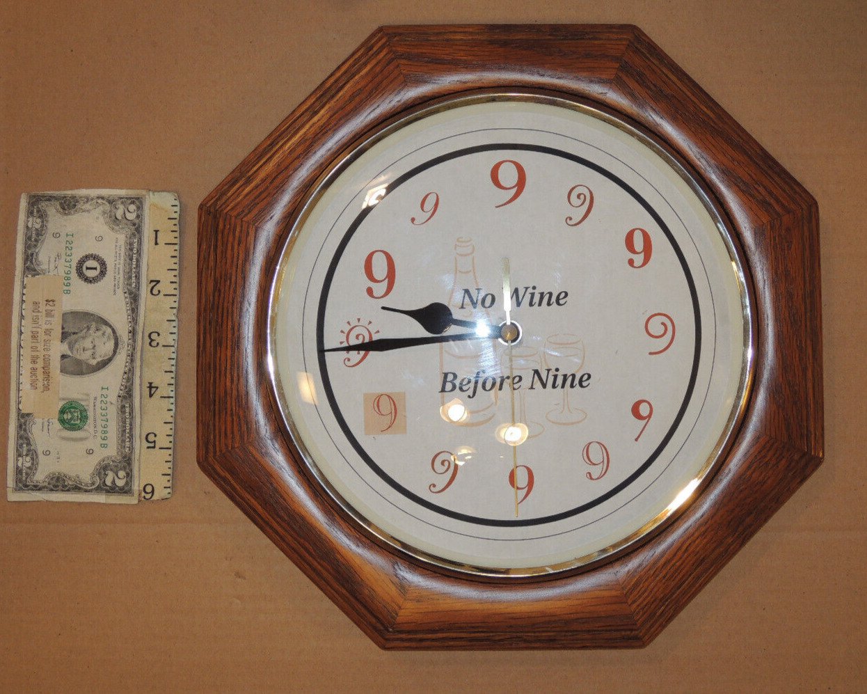 Funny Unique “No Wine Before Nine“ Wooden Wall Clock, Octagonal, Quartz 12"