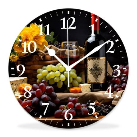 generic 10 inch Round Wall Clock,Wine and Grapes on aWooden Table Beautiful,Silent Non Ticking Wall Clocks for Living Room Kitchen Bedroom