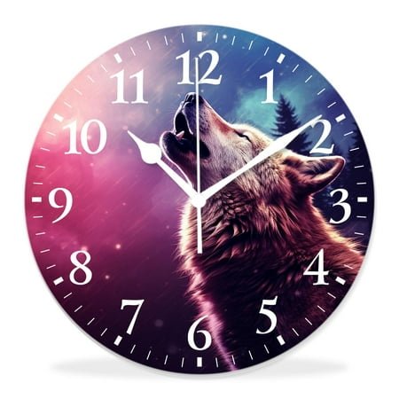 generic 16 inch Round Wall Clock,Wolf Howling Galaxy Nebula Space Starry Universe Painting,Silent Non Ticking Wall Clocks for Living Room Kitchen Bedroom