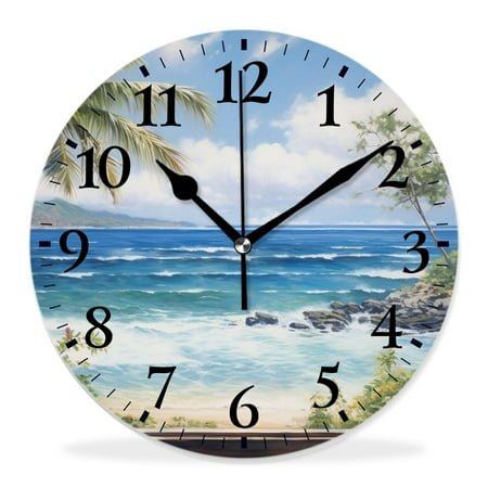 generic Silent Non Ticking 14 inch Round Wall Clocks,Tropical Sea Palms and Exotic Village Scene Elegant,Decorative Clocks for Living Room Kitchen Bedroom