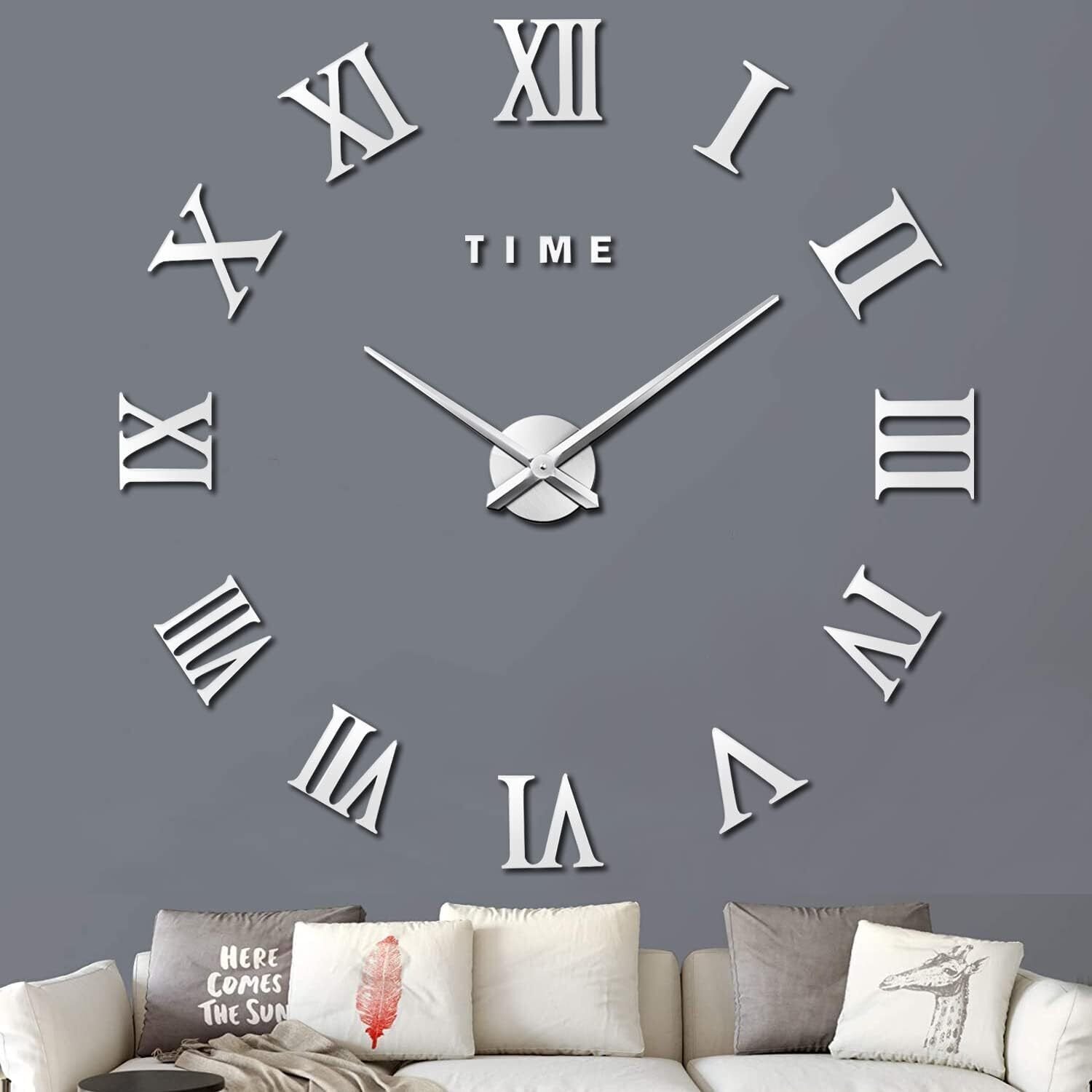 Giant Roman Numerals Frameless Wall Clock Mirror Sticker Home Decor (Silver)