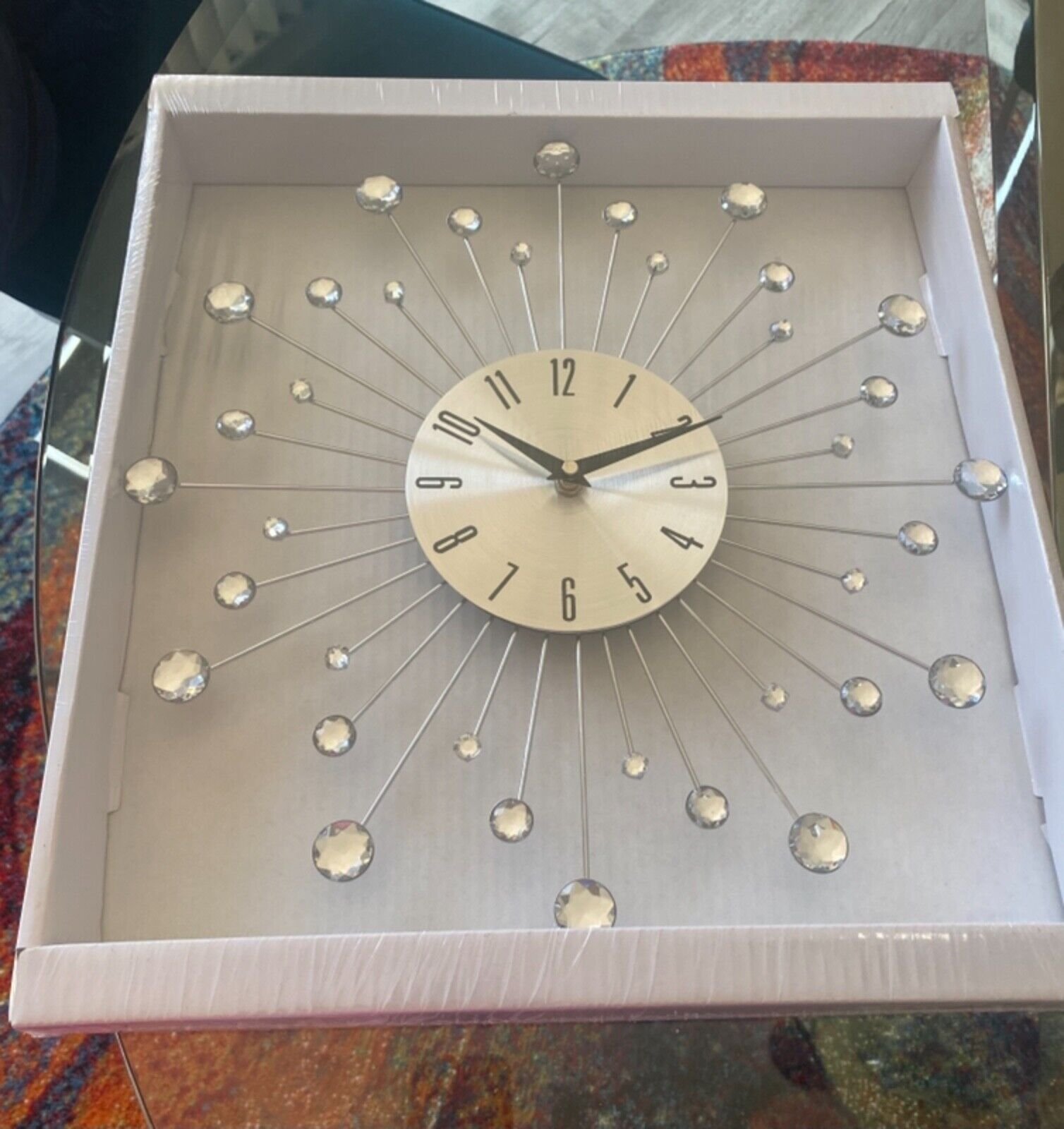 Glam Metal Wall Clock Round Starburst Silver Metal Rods Glam Iron Minimalist