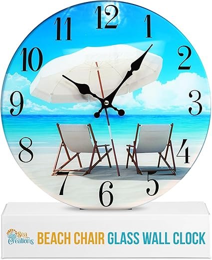 Glass Wall Clock 13 - Coastal, Nautical, and Beach Themed | Decorative Timepiece | Home Decor for Living Room, Bedroom, or Beach House | Beach Chair