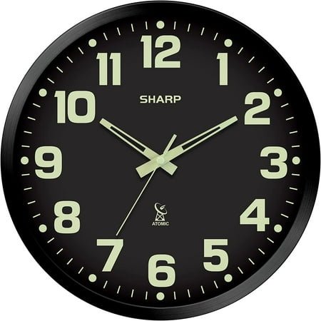 Glow in The Dark Atomic Analog Wall Clock - 12 Clock with Black Frame - Sets Automatically - Battery Operated - Easy to Read - Easy to Use – See Day or Night!