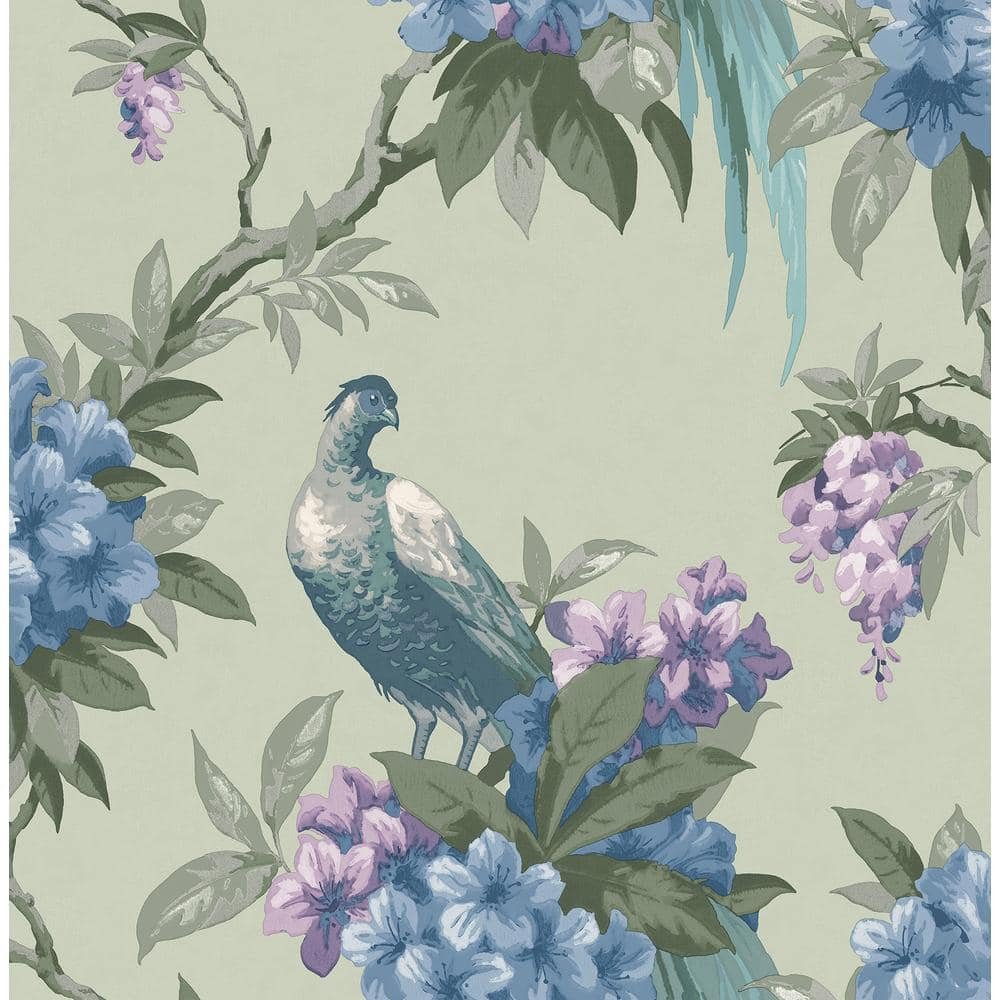 Golden Pheasant Sage Floral Strippable Non-Woven Paper Wallpaper