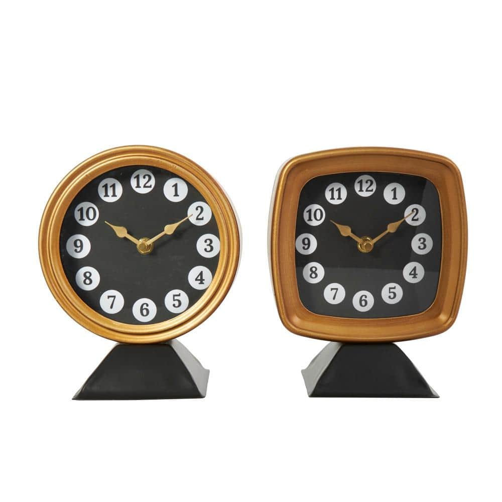Gold Metal Round and Square Tabletop Clock with Black Bases and White...
