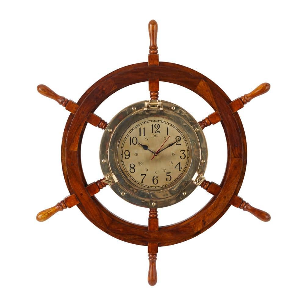 Gold Wood Ship wheel Sail Boat Analog Wall Clock