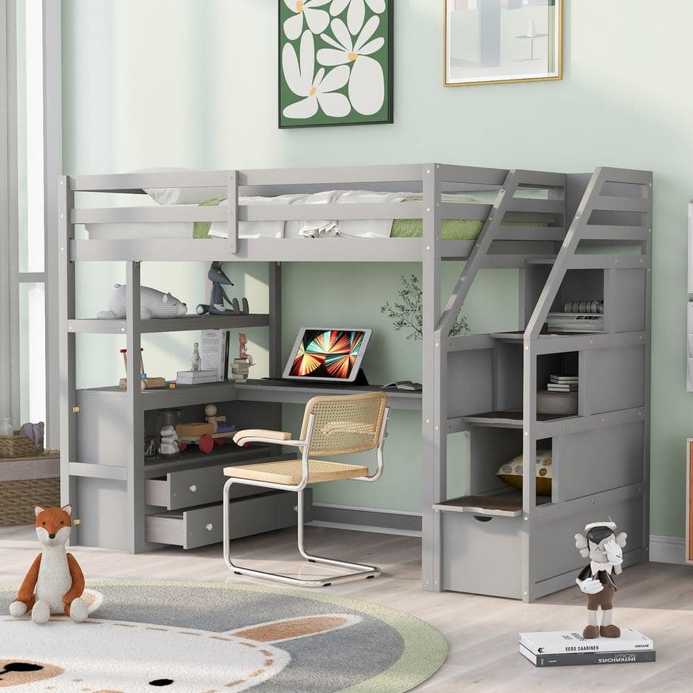 Gray Twin Size Wooden Loft Bed with Storage Staircase, Built-in Desk, Shelves...