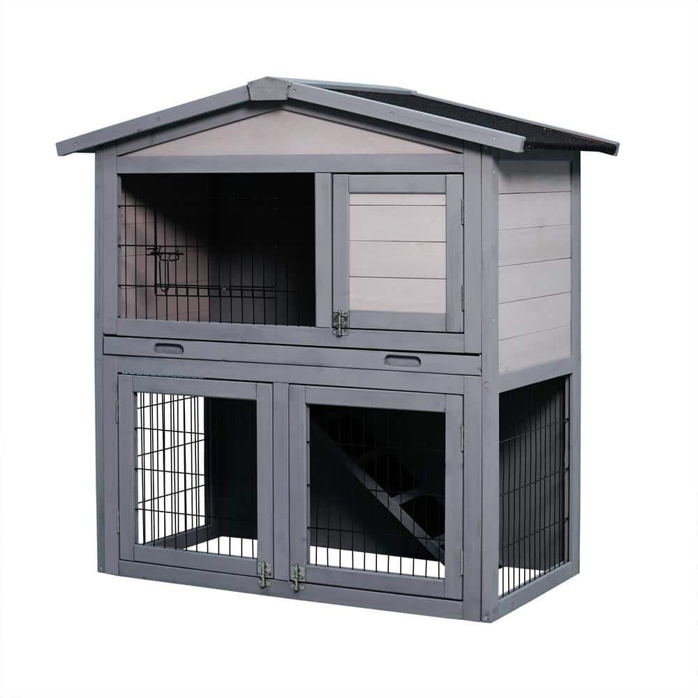 Gray Wooden Outdoor Rabbit Hutch Ferrets Guinea Pigs with Running Cage Removable...