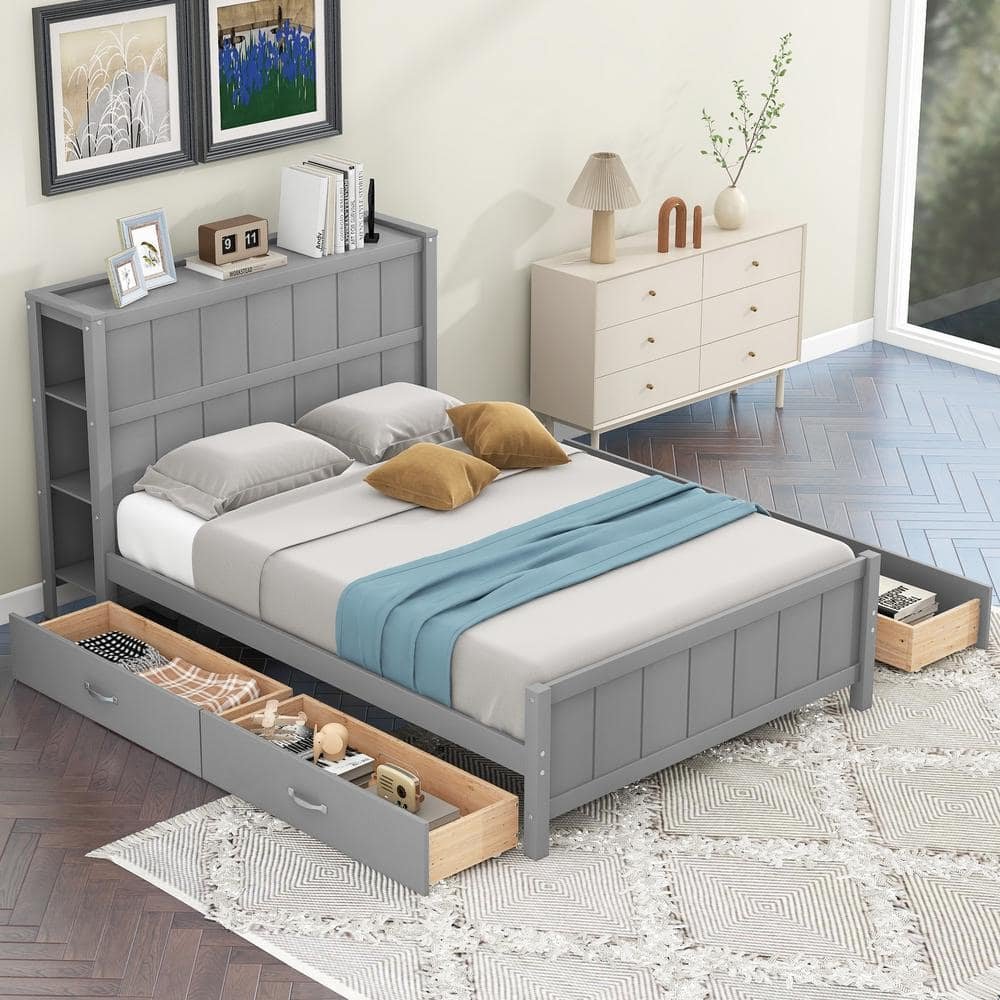 Gray Wood Frame Full Size Platform Bed with 4-Drawers and 6-Storage Shelves